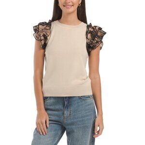 RIO & RIAN Arctic Scoop Neck Printed Chiffon Ruffle Sleeve Pull Over Sweater